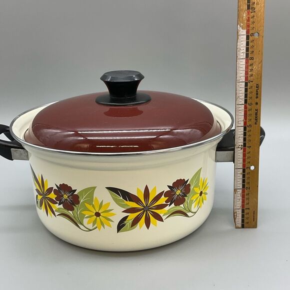 70s Floral Enamel Ware Dutch Oven Stock Pot Double Handle MCM - Picture 9 of 9